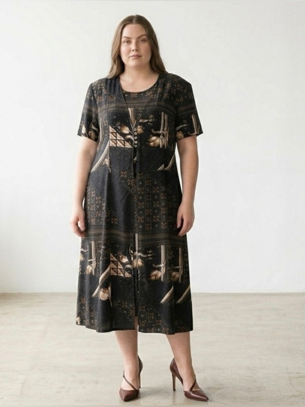 VTG Coco Bianco Midi Dress 18 Black Brown Rayon Faux Layers Corset Lace Up Boho